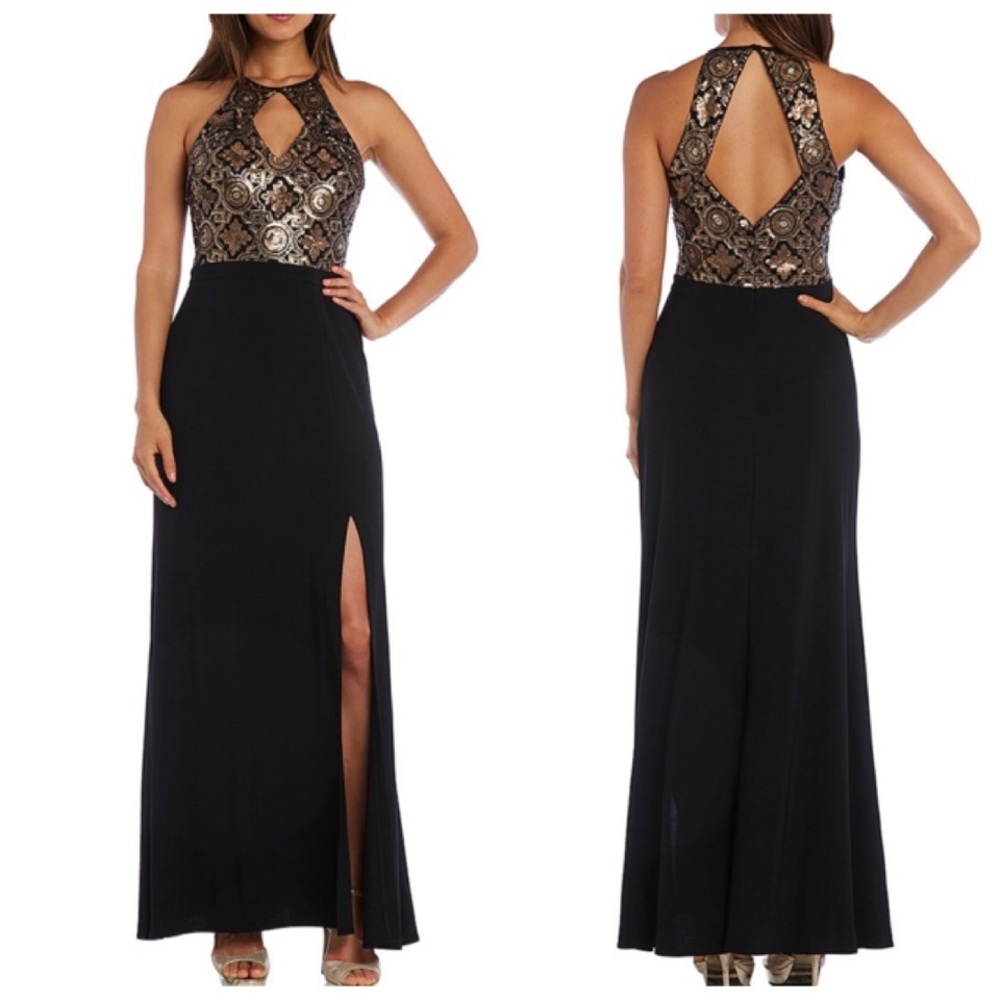 Nightway Black and‎ Gold Metallic Keyhole Gown NWT Size 8